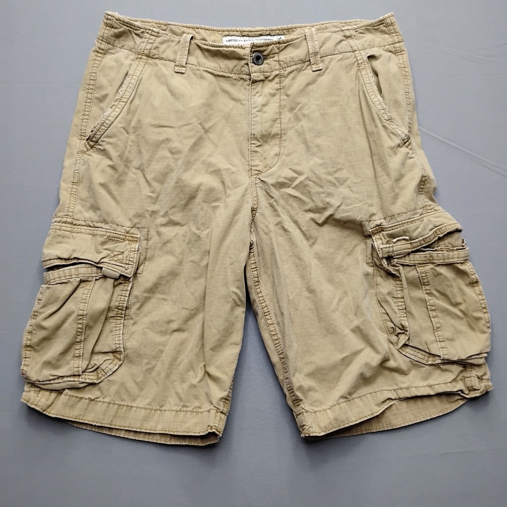 American Eagle Outfitters Men 36 Khaki Cargo Shorts Longer Length Ripstop Cotton